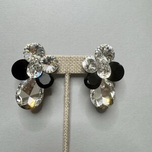 VTG‎ Wendy Gell Earrings Rhinestone Clear Black Clip On Statement Event Party 2"